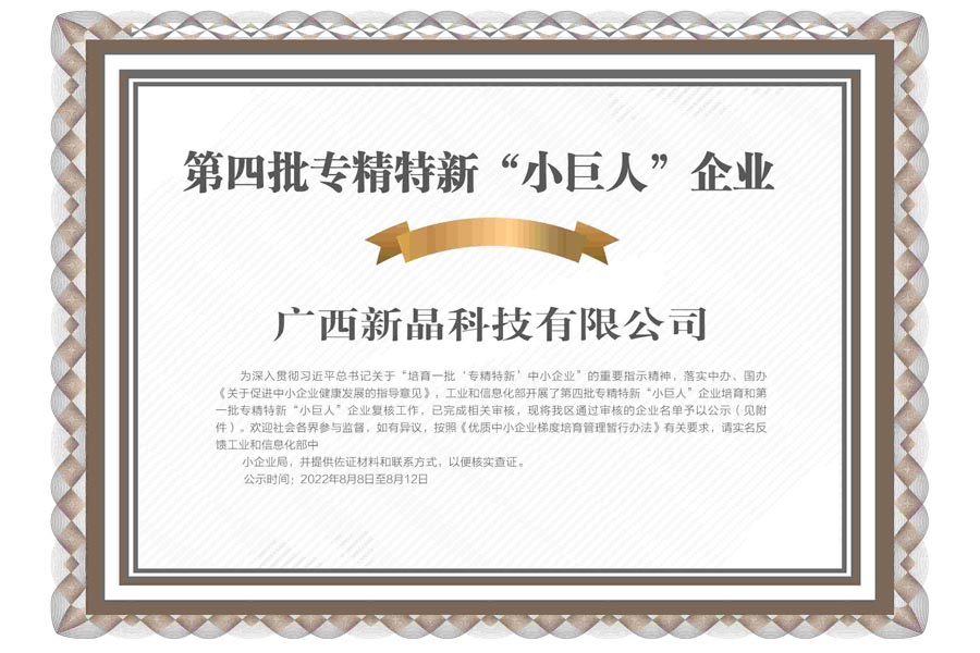 新晶公司榮獲國家級專精特新“小巨人”企業(yè)稱號